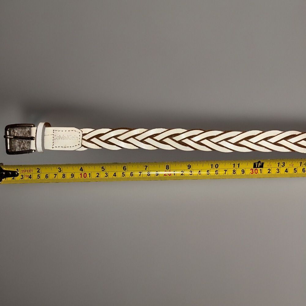 Vintage Calvin Klein Large Leather Braided Belt Brass Buckle Two Toned Cowboy - Picture 2 of 10